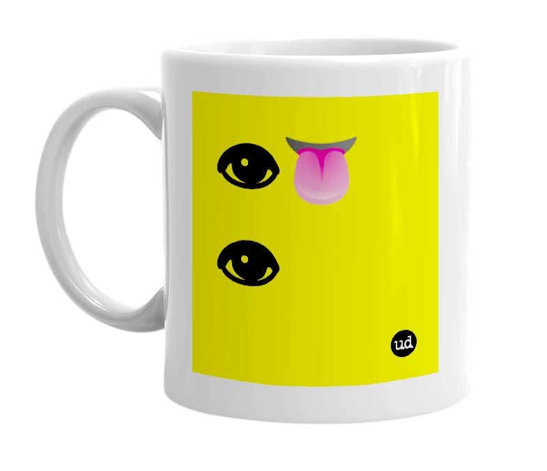 White mug with '👁👅👁' in bold black letters