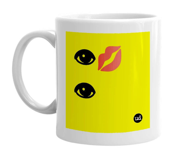 White mug with '👁💋👁' in bold black letters