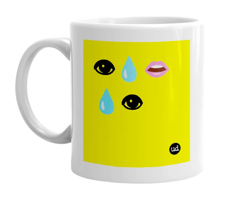 White mug with '👁💧👄💧👁' in bold black letters