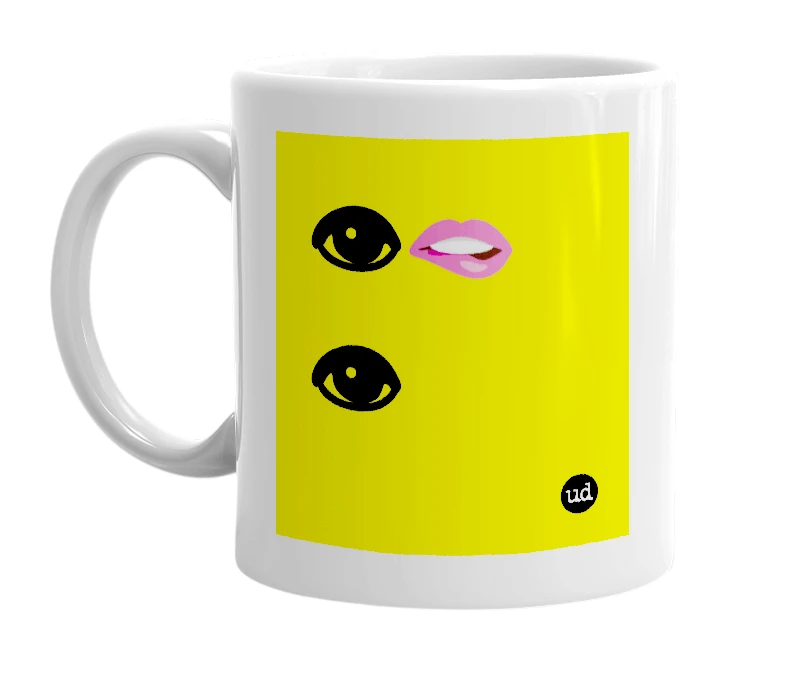 White mug with '👁🫦👁' in bold black letters