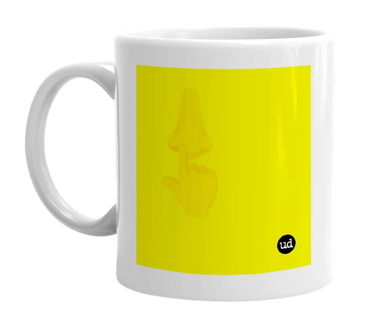 White mug with '👃👆' in bold black letters