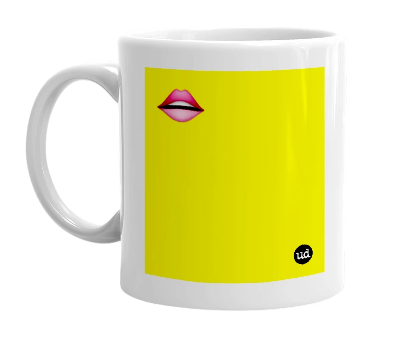 White mug with '👄' in bold black letters
