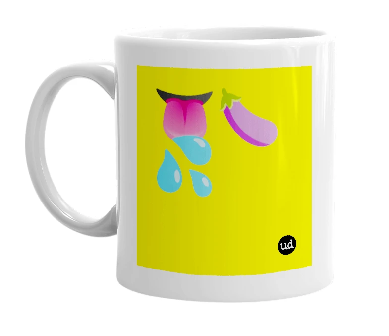 White mug with '👅🍆💦' in bold black letters