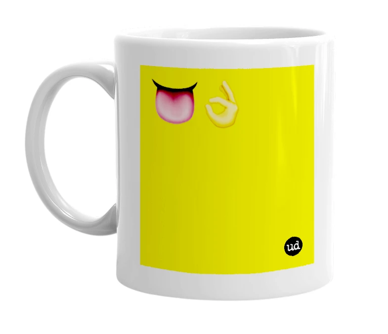 White mug with '👅👌' in bold black letters