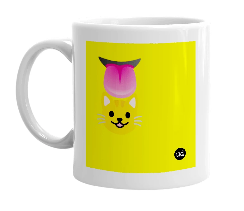 White mug with '👅😺' in bold black letters