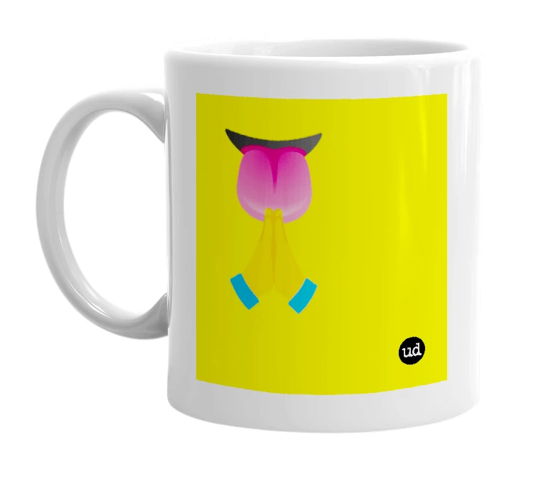 White mug with '👅🙏' in bold black letters