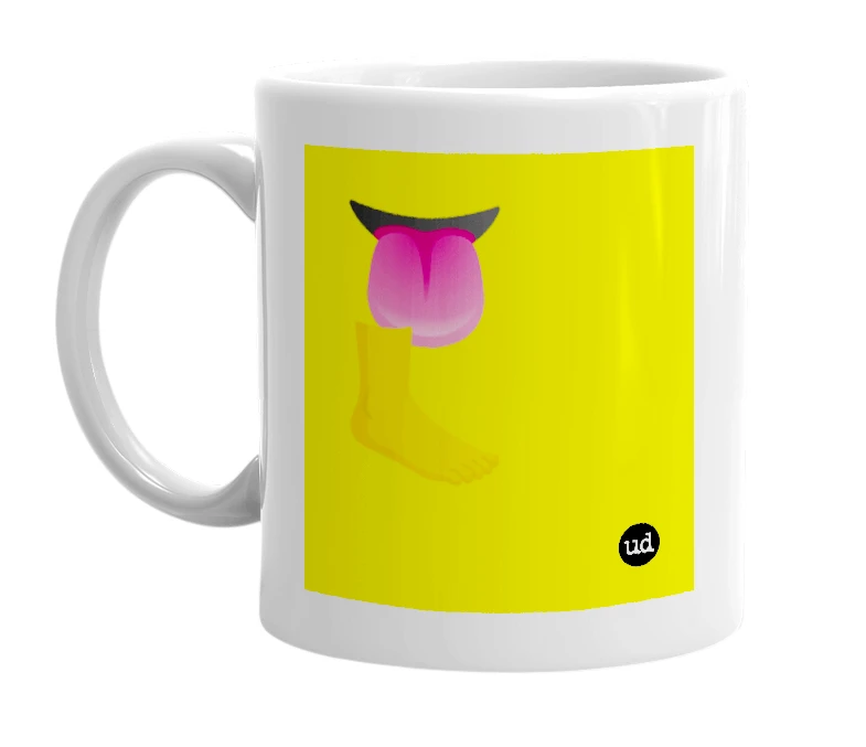 White mug with '👅🦶' in bold black letters