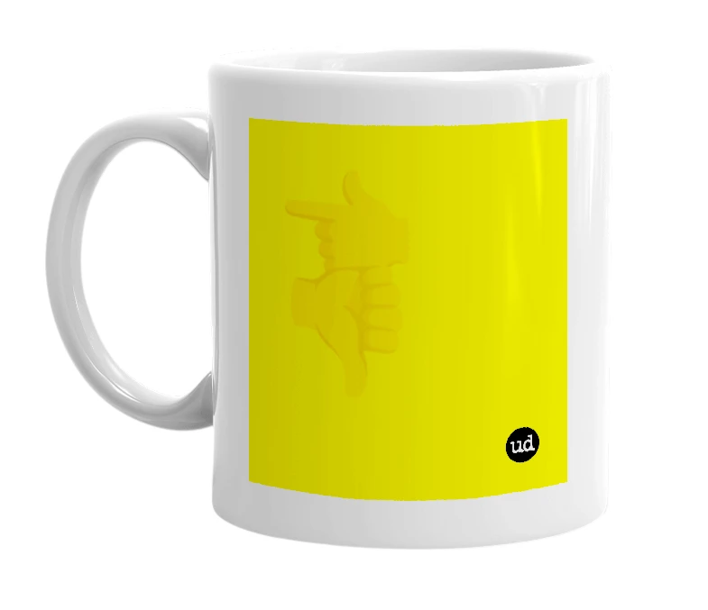 White mug with '👈👎' in bold black letters