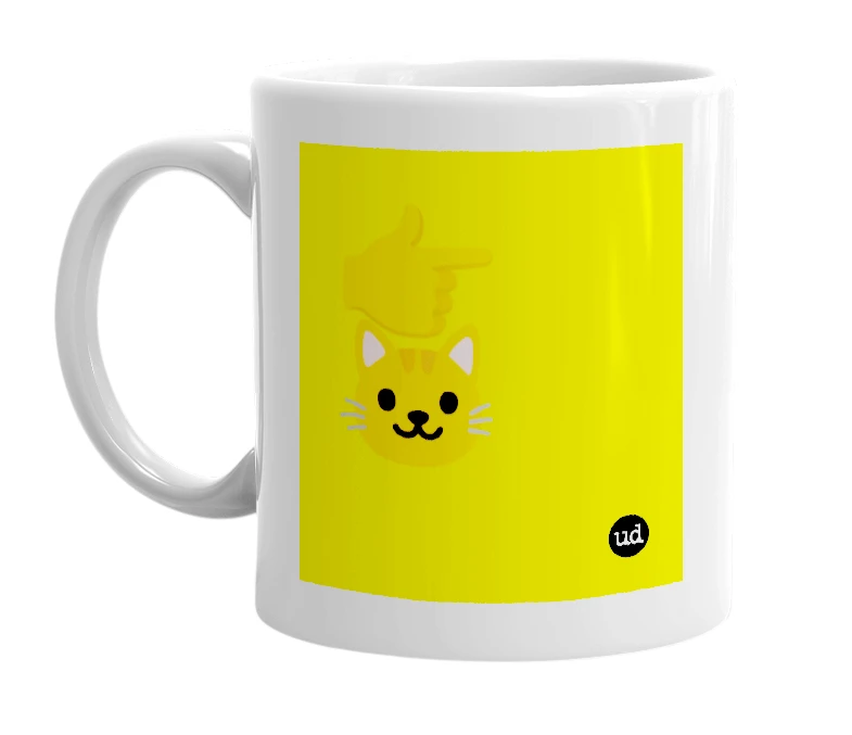 White mug with '👉🐱' in bold black letters