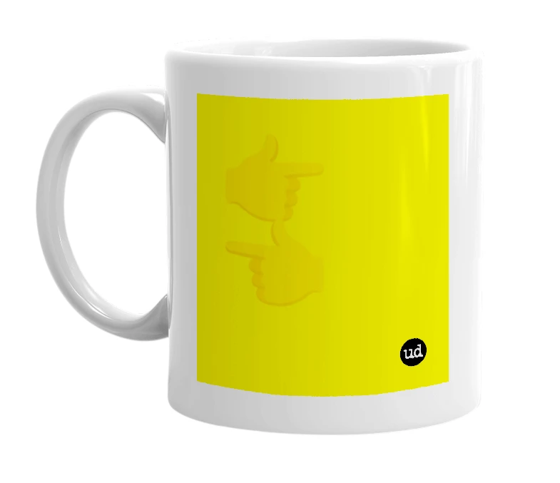 White mug with '👉👈' in bold black letters