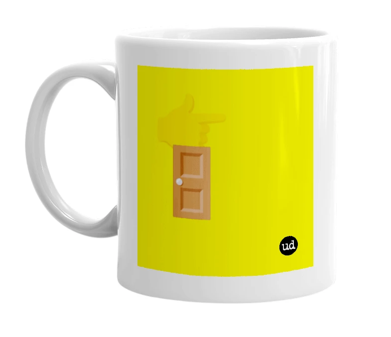 White mug with '👉🚪' in bold black letters