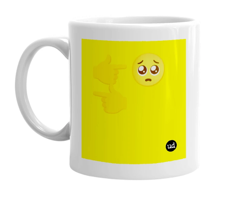 White mug with '👉🥺👈' in bold black letters