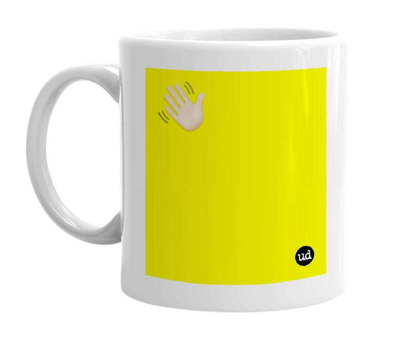 White mug with '👋🏼' in bold black letters