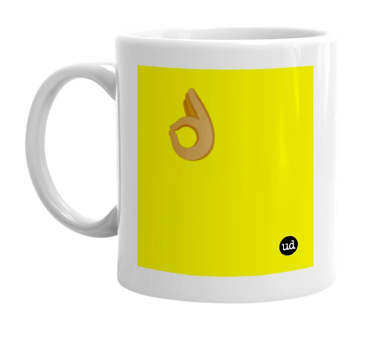 White mug with '👌🏾' in bold black letters