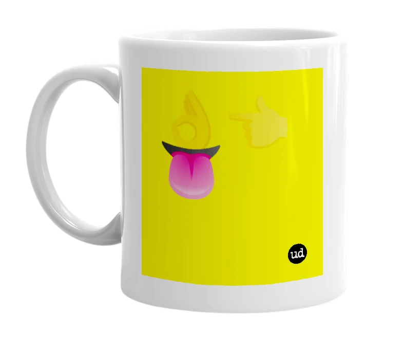 White mug with '👌👈👅' in bold black letters