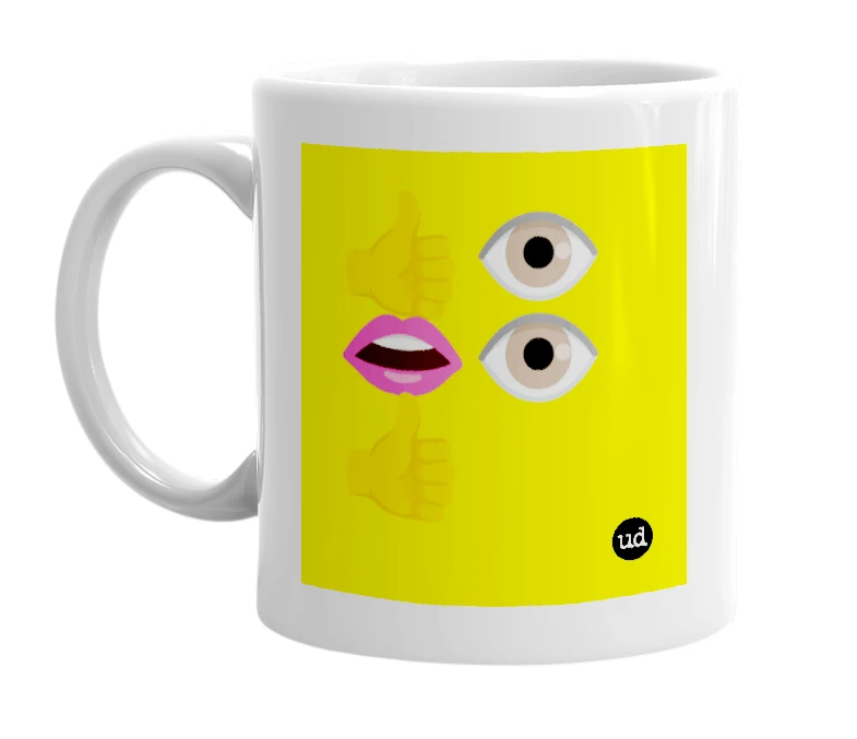 White mug with '👍👁️👄👁️👍' in bold black letters