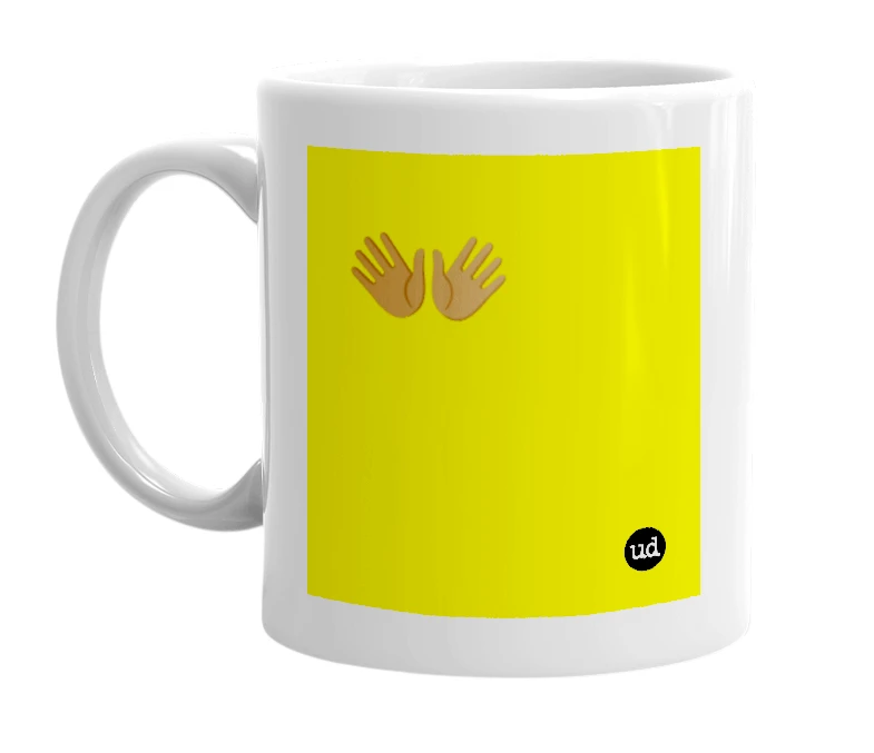 White mug with '👐🏾' in bold black letters