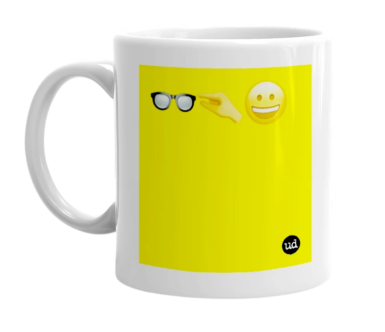 White mug with '👓🤏😀' in bold black letters