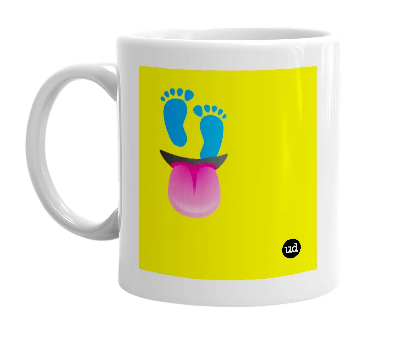 White mug with '👣👅' in bold black letters