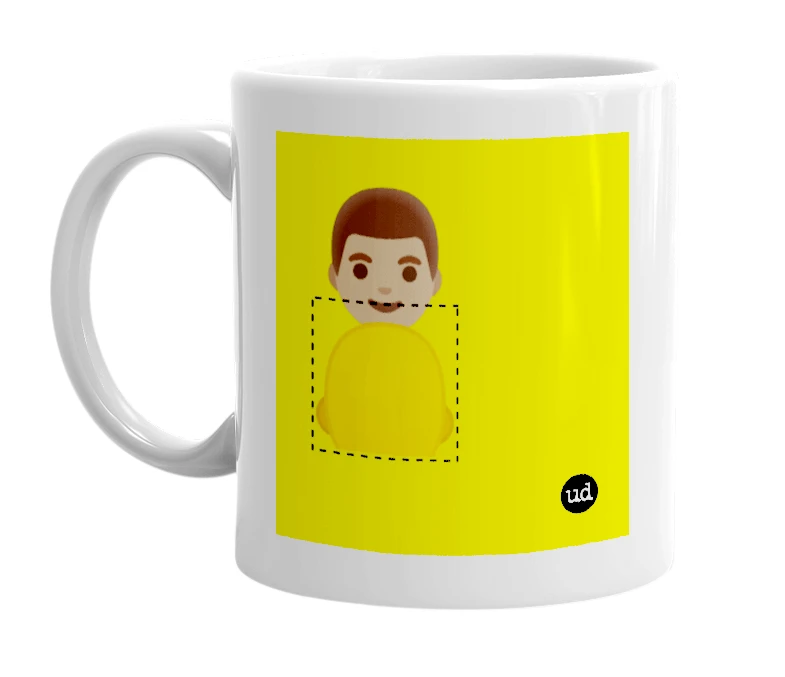 White mug with '👨🏽 🦲' in bold black letters