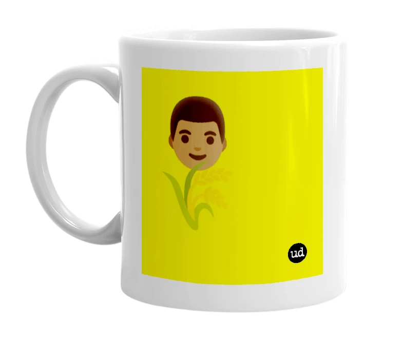 White mug with '👨🏾 🌾' in bold black letters