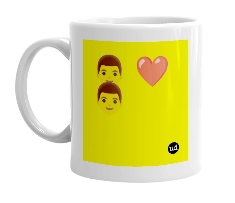White mug with '👨 ❤️ 👨' in bold black letters