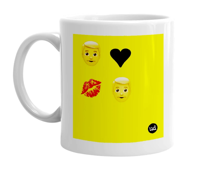White mug with '👨 ❤️ 💋 👨' in bold black letters