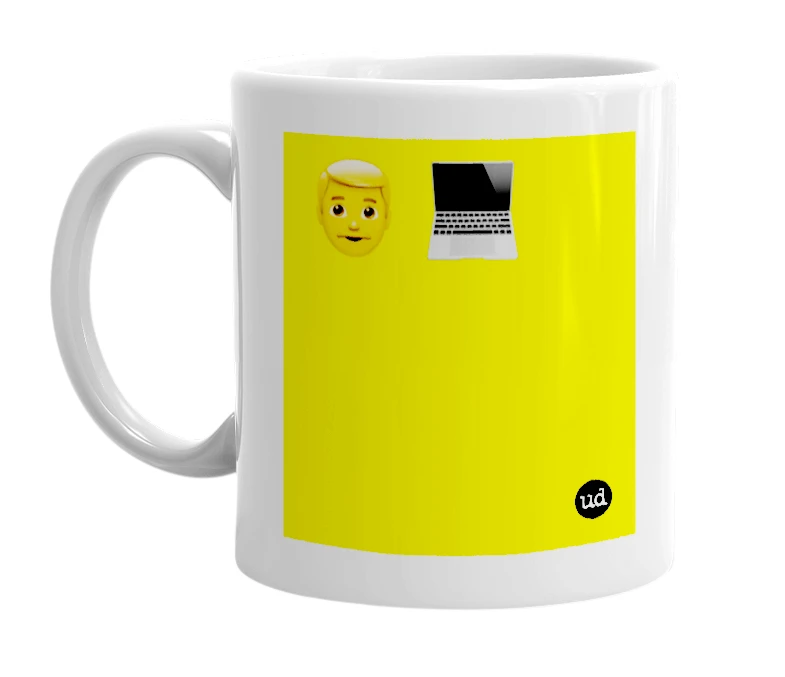 White mug with '👨 💻' in bold black letters