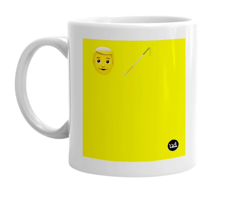 White mug with '👨 🦯' in bold black letters