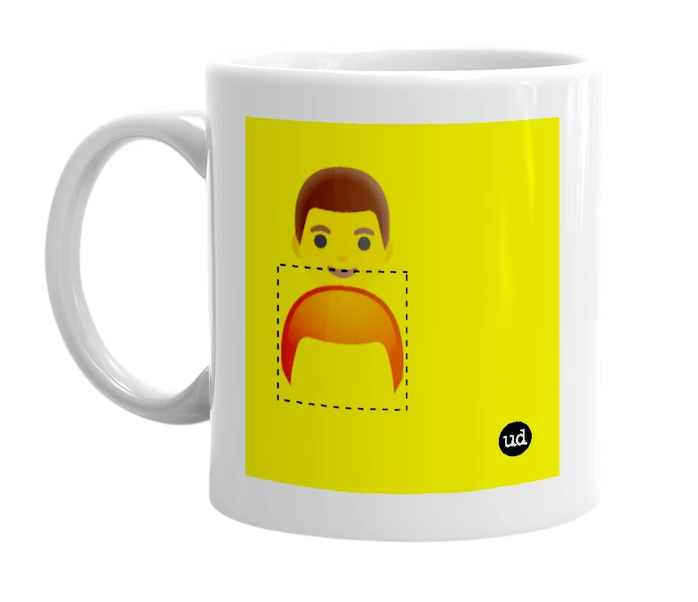 White mug with '👨 🦰' in bold black letters