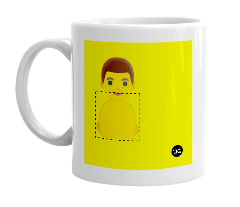 White mug with '👨 🦲' in bold black letters