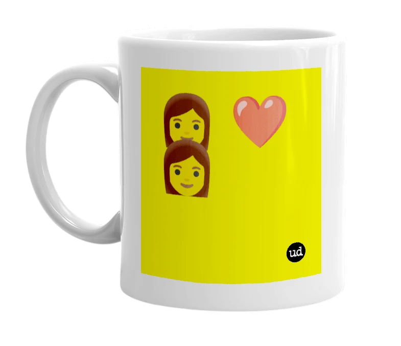 White mug with '👩 ❤️ 👩' in bold black letters