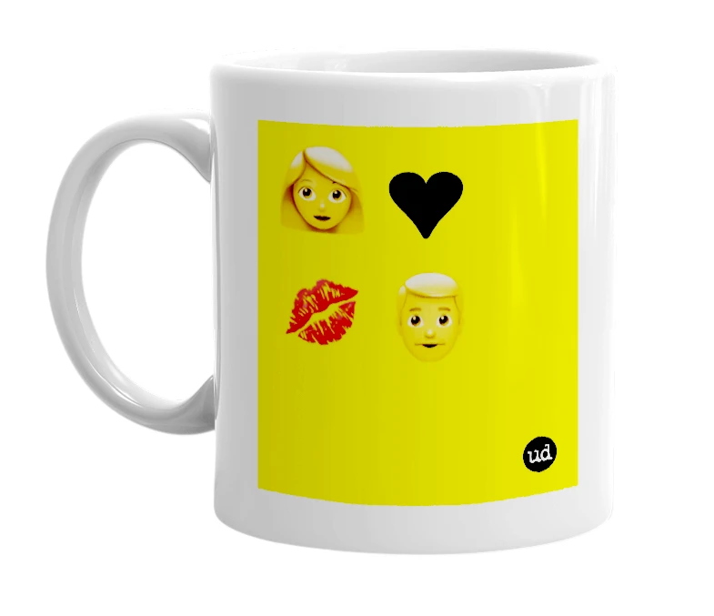 White mug with '👩 ❤️ 💋 👨' in bold black letters