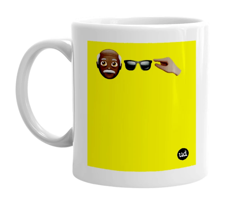 White mug with '👴🏿🕶🤏🏿' in bold black letters