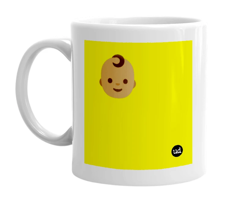 White mug with '👶🏾' in bold black letters