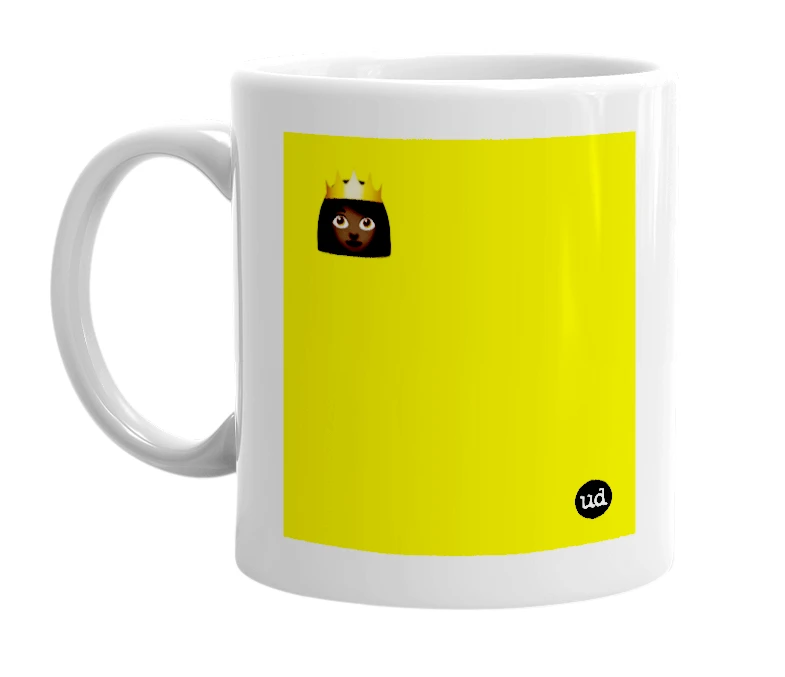 White mug with '👸🏿' in bold black letters