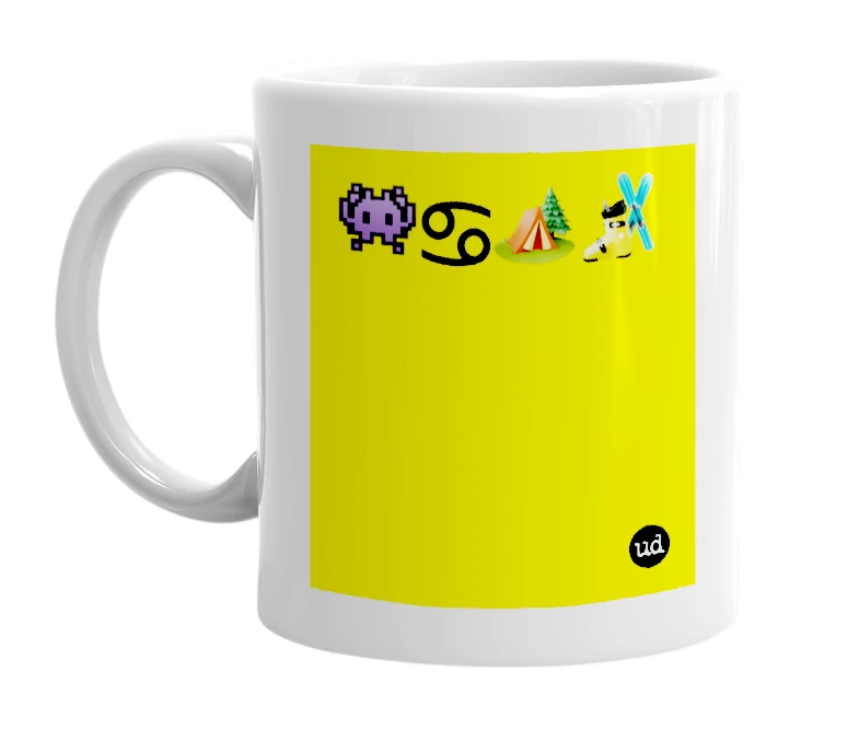 White mug with '👾♋️🏕🎿' in bold black letters