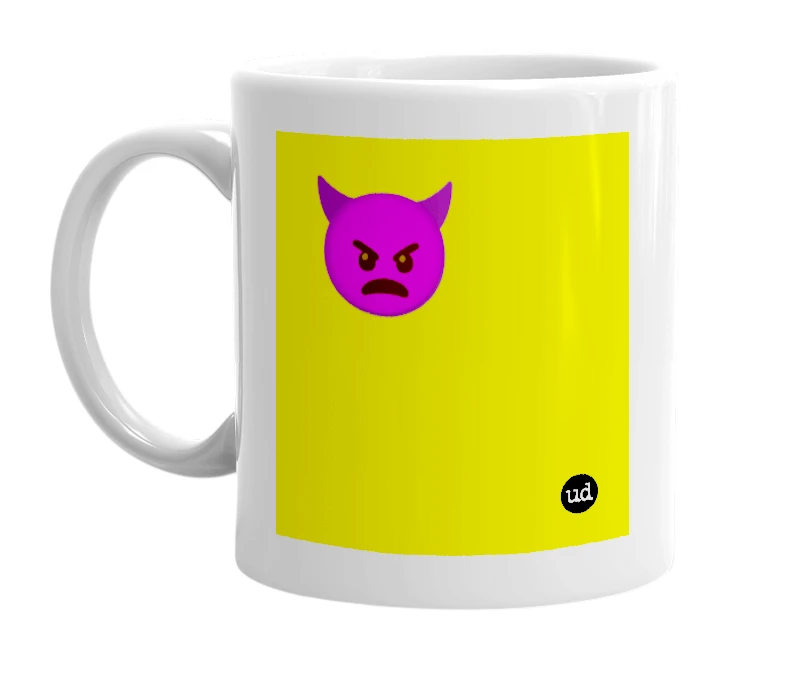 White mug with '👿' in bold black letters