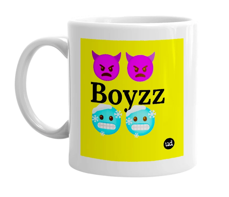 White mug with '👿👿Boyzz🥶🥶' in bold black letters
