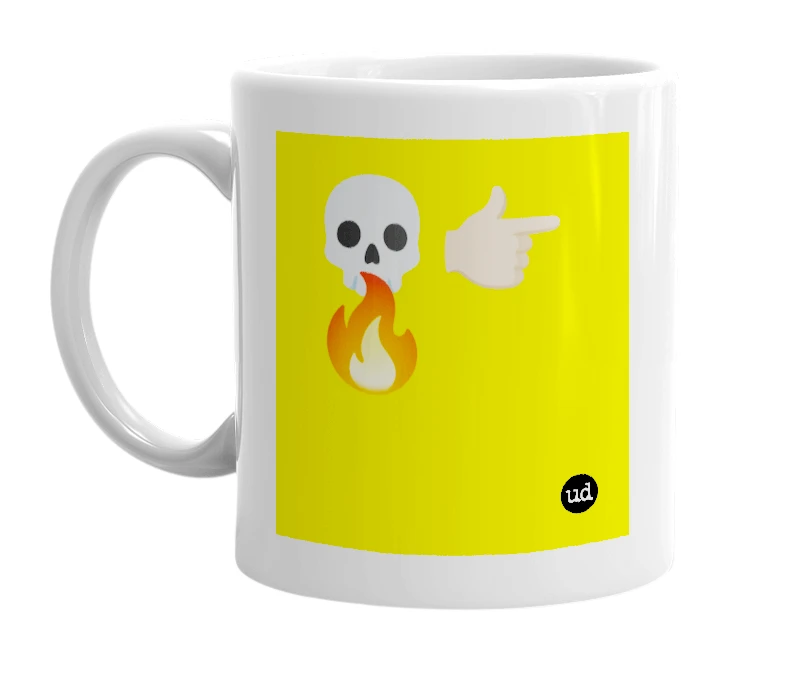 White mug with '💀👉🏼🔥' in bold black letters