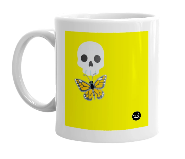 White mug with '💀🦋' in bold black letters