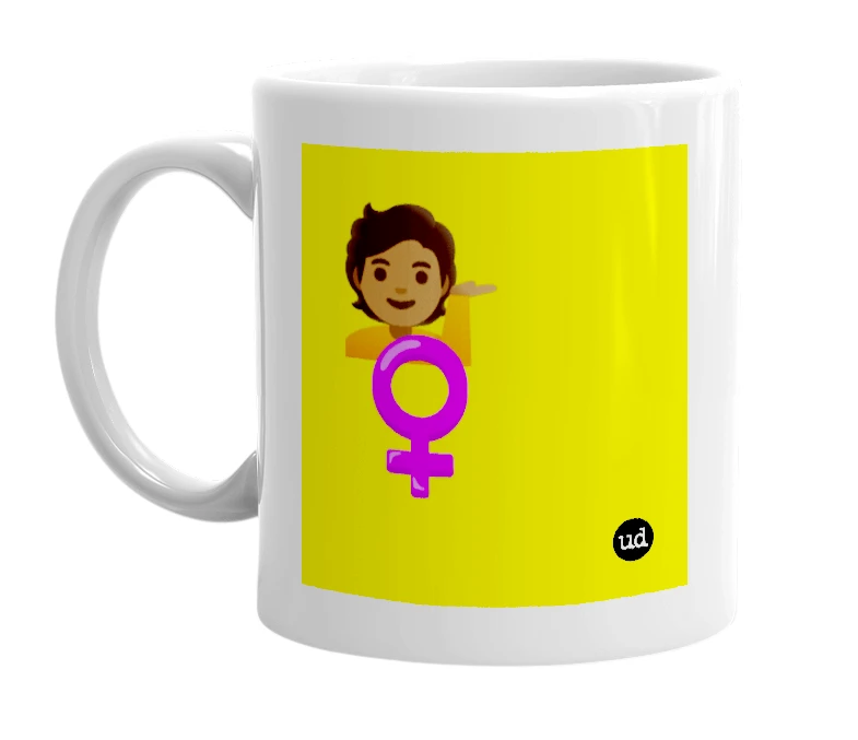 White mug with '💁🏾 ♀️' in bold black letters