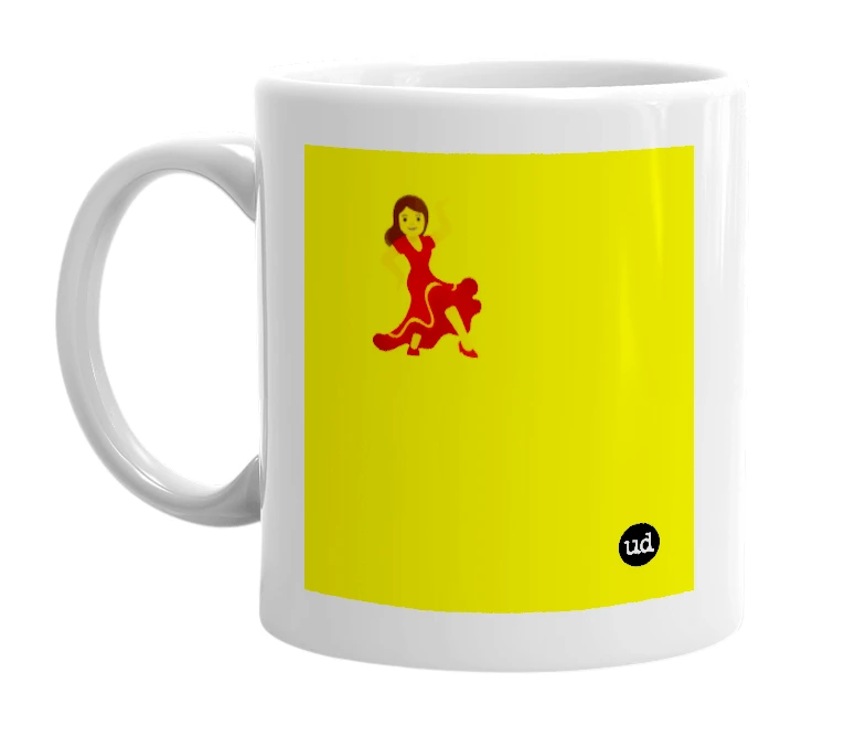 White mug with '💃' in bold black letters