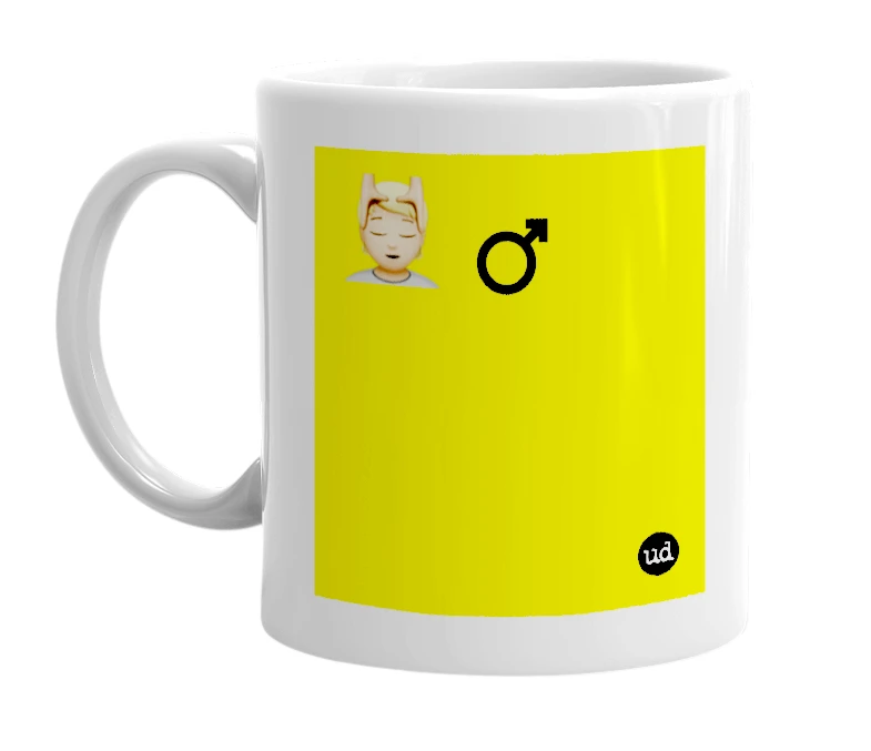 White mug with '💆🏼 ♂️' in bold black letters