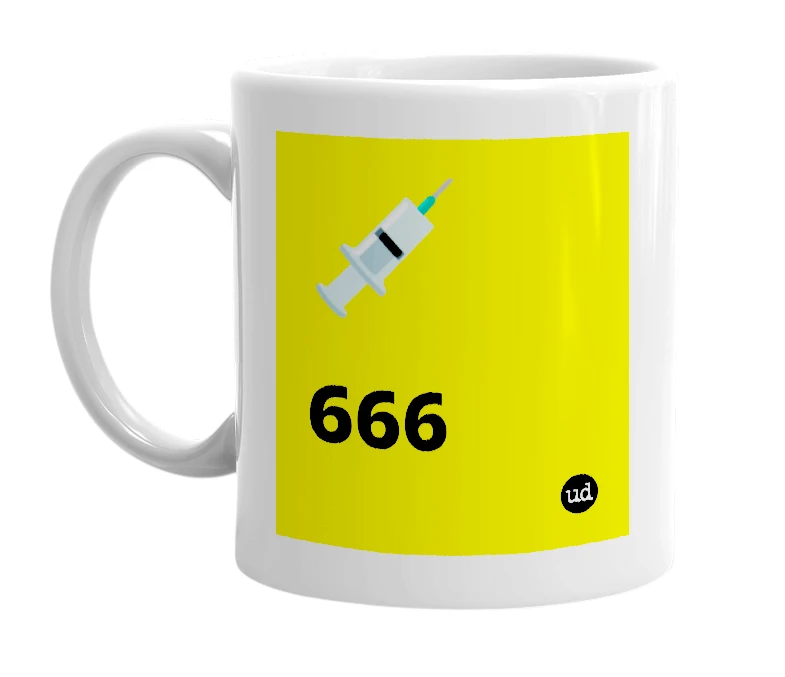 White mug with '💉₆₆₆' in bold black letters
