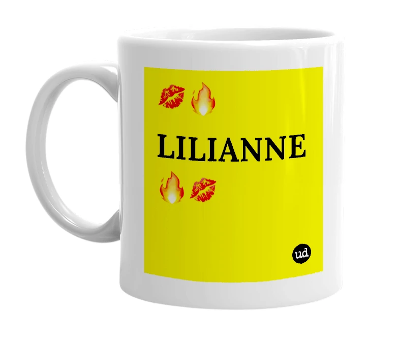 White mug with '💋🔥 LILIANNE 🔥💋' in bold black letters