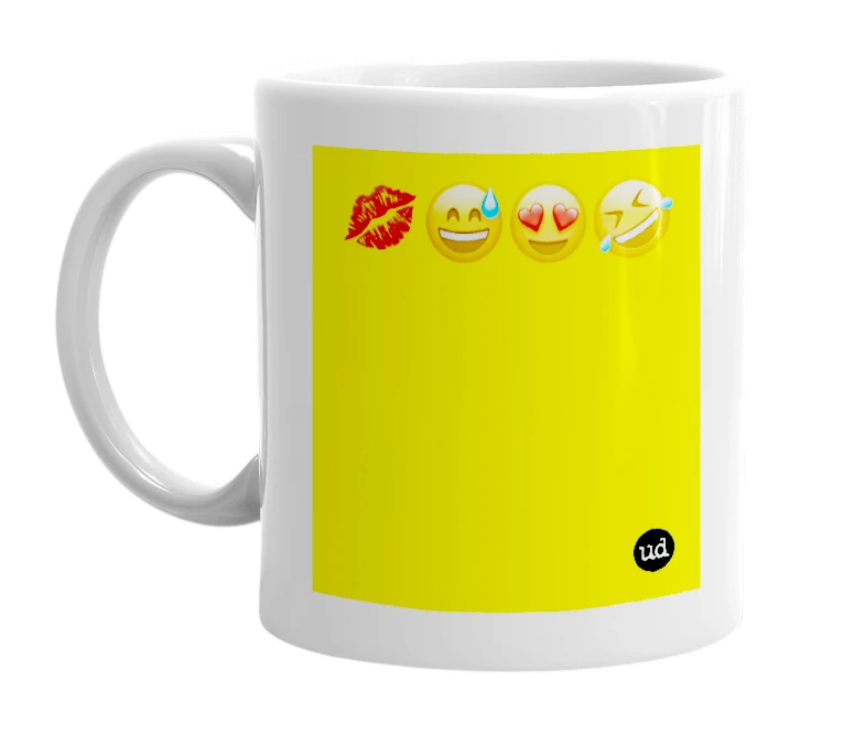 White mug with '💋😅😍🤣' in bold black letters