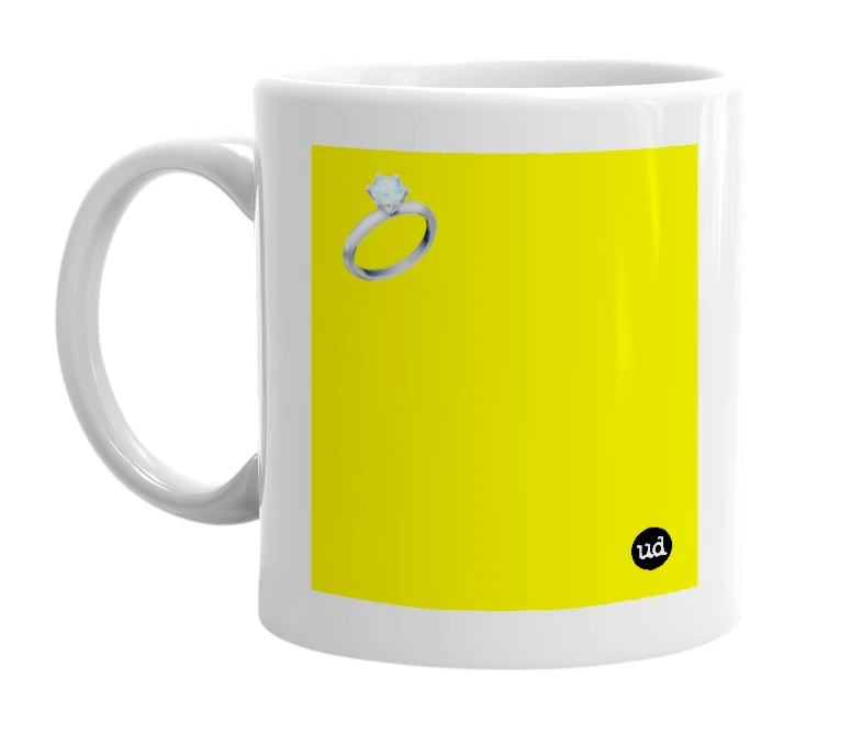 White mug with '💍' in bold black letters
