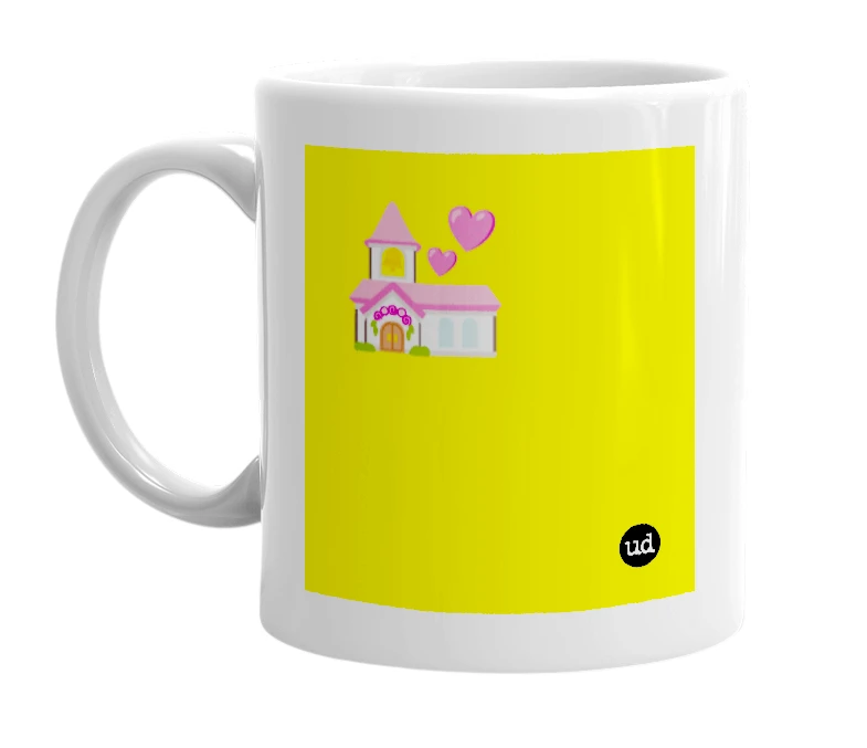 White mug with '💒' in bold black letters