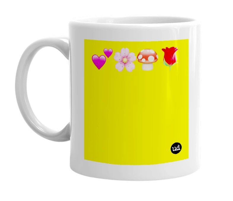 White mug with '💕🌸🍄🌹' in bold black letters